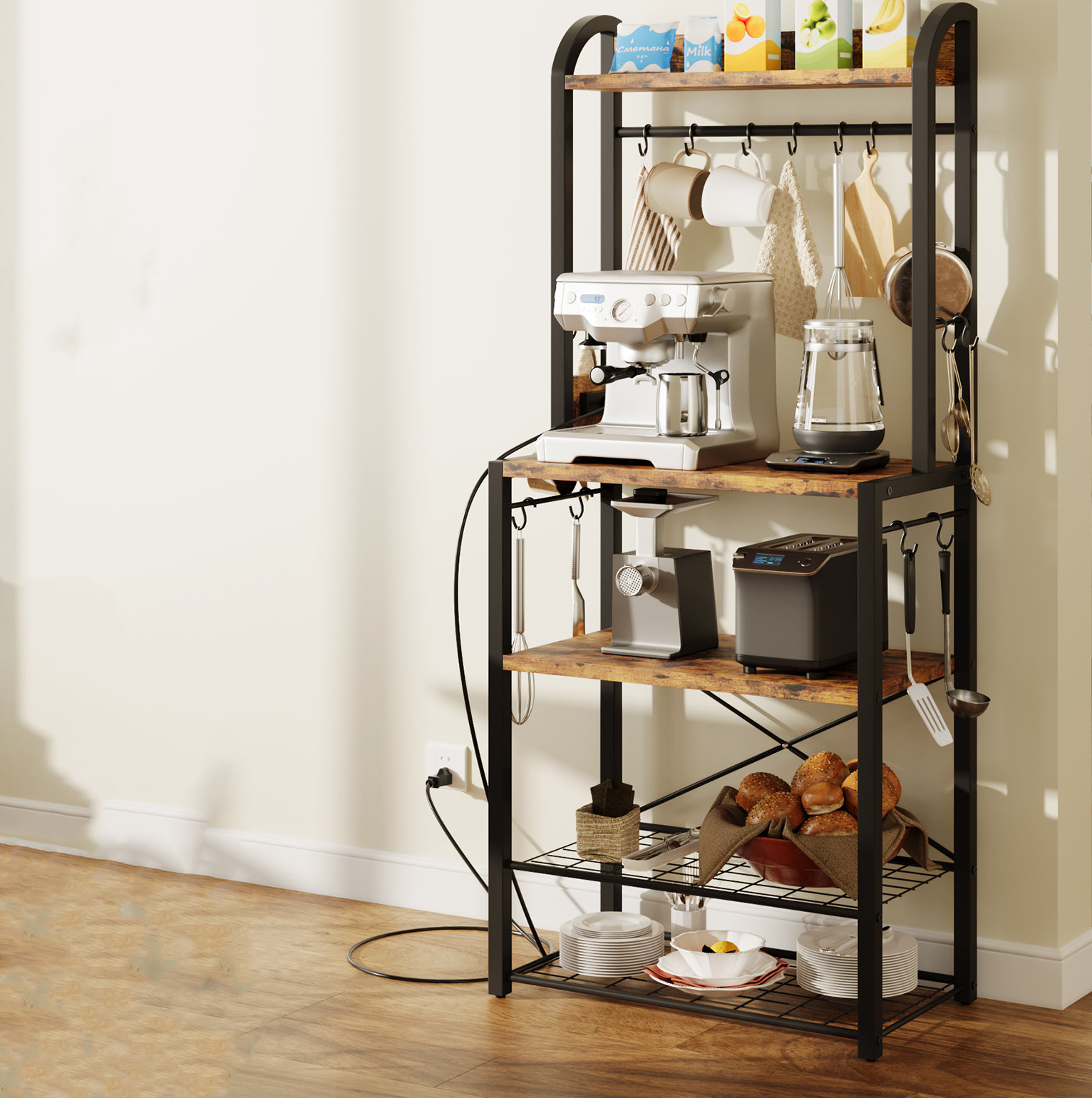 17 Stories Coffee Bar With Power Outlet Narrow Microwave Stand With Metal Wire Panel Wayfair